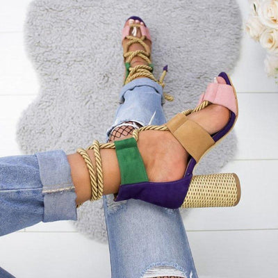 Multi-color Lace-up Heeled Sandals - crmores.com