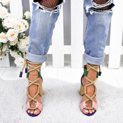 Multi-color Lace-up Heeled Sandals - crmores.com