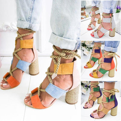Multi-color Lace-up Heeled Sandals - crmores.com