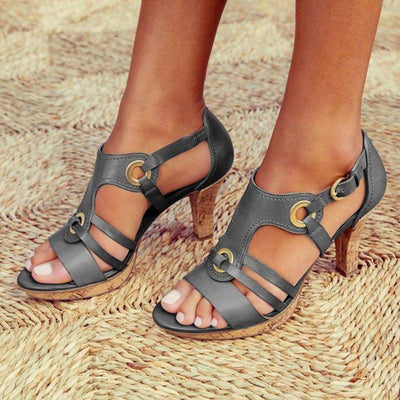 Plain Chunky High Heeled Peep Toe Date Travel Sandals - crmores.com