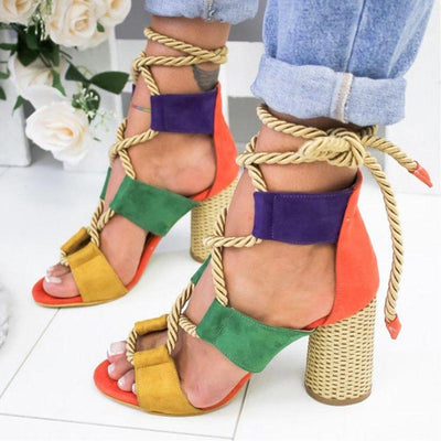 Multi-color Lace-up Heeled Sandals - crmores.com