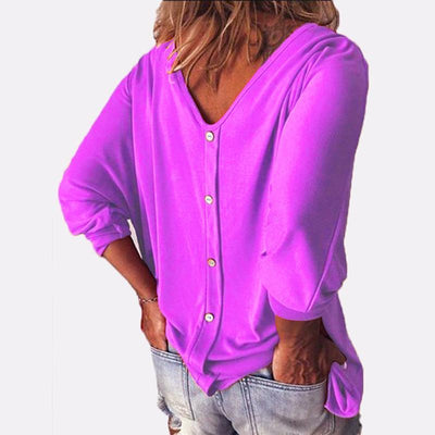 3/4 Sleeve Back Buttons V Neck Tops - crmores.com