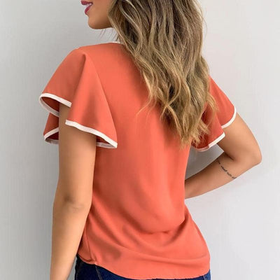 Cutout Ruffles Sleeve Contrast Binding T-shirt - crmores.com