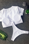 New High Cut Ribbed Short Sleeve Crop Bikini Swimsuit in White.MC - crmores.com