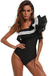 New Contrast Meshlet Ruffle One Shoulder One Piece Swimsuit in Black.AQ - crmores.com