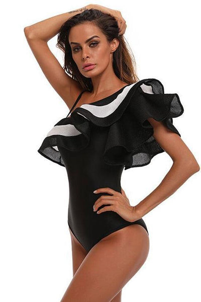 New Contrast Meshlet Ruffle One Shoulder One Piece Swimsuit in Black.AQ - crmores.com