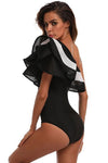 New Contrast Meshlet Ruffle One Shoulder One Piece Swimsuit in Black.AQ - crmores.com