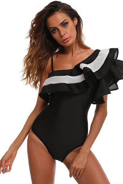 New Contrast Meshlet Ruffle One Shoulder One Piece Swimsuit in Black.AQ - crmores.com