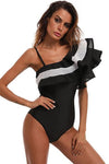 New Contrast Meshlet Ruffle One Shoulder One Piece Swimsuit in Black.AQ - crmores.com